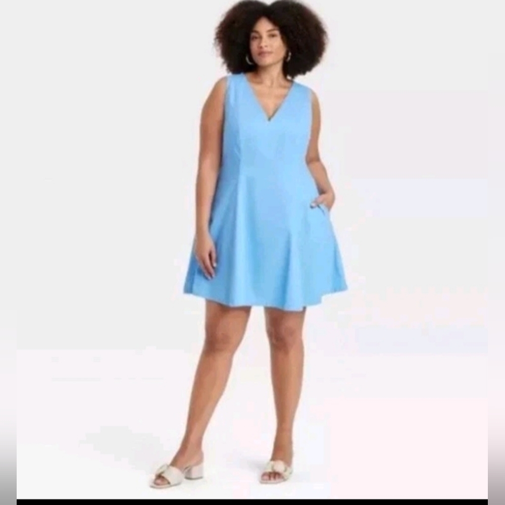 Euro Summer Sky Blue Sleeveless Fit & Flare Dress – Plus Size 24w Cotton/rayon